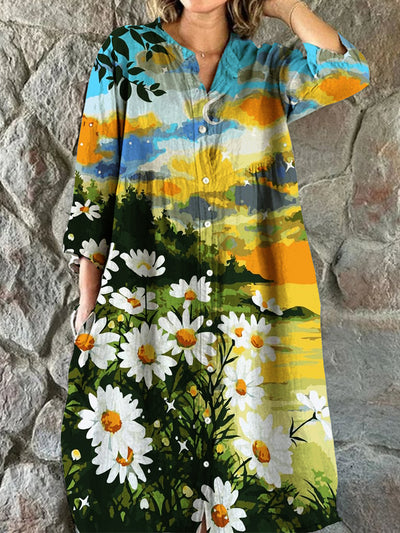 Vintage Floral Art Print Chic V-Neck Three-Quarter Sleeve Button Elegant Midi Dress