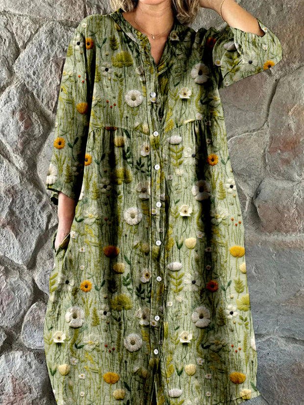 Retro Floral Art Print Vintage Chic V-Neck Button Up Long Sleeve Midi Dress