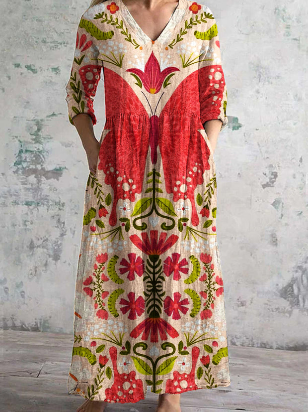 Vintage Art Print Chic V-Neck Three-Quarter Sleeve Elegant Midi Dress