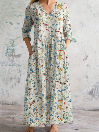 Vintage Art Print Chic V Neck Three Quarter Sleeve Elegant Midi Dress