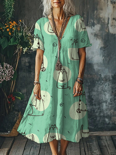 Simple Cat Print V-Neck Short Sleeve Midi Dress