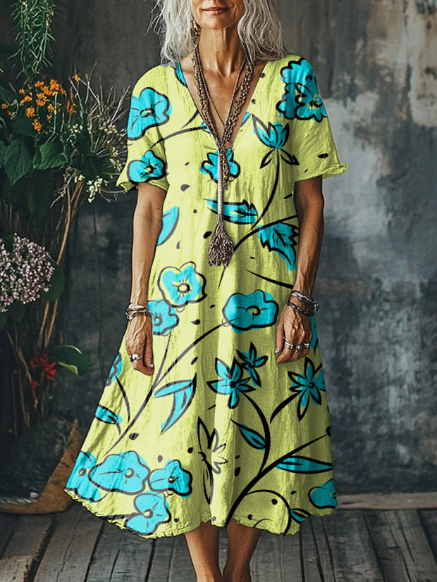 Retro Fashion Floral Print V-Neck Short Sleeve Midi Dress