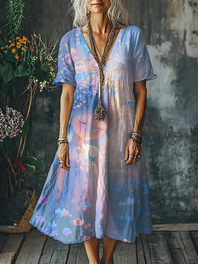 Retro Fashion Floral Print V-Neck Short Sleeve Midi Dress