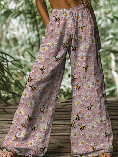 Retro Boho Floral Printed Casual Loose Cotton Straight Wide Pants