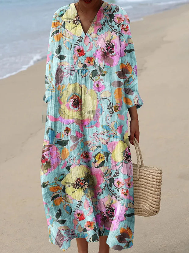 Retro Floral Art Printed Wide Edge V-Neck Vintage Loose Long Sleeves Midi Dress