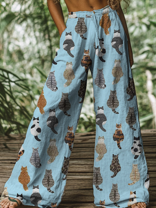 Retro Boho Floral Printed Casual Loose Cotton Straight Wide Pants