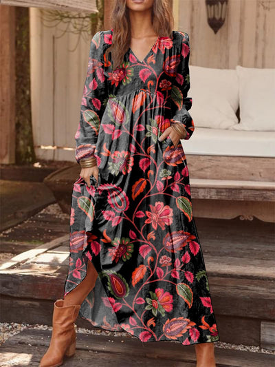 Retro Fashion Floral Print V-Neck Long Sleeve Midi Dress