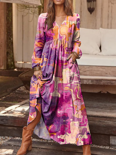 Retro Fashion Graffiti Print V-Neck Long Sleeve Midi Dress