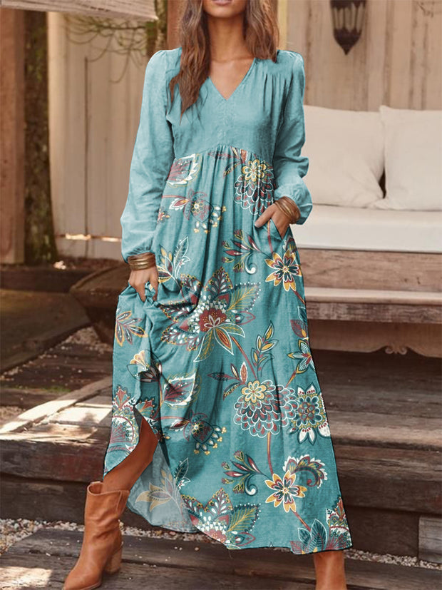 Retro Fashion Floral Print V-Neck Long Sleeve Midi Dress