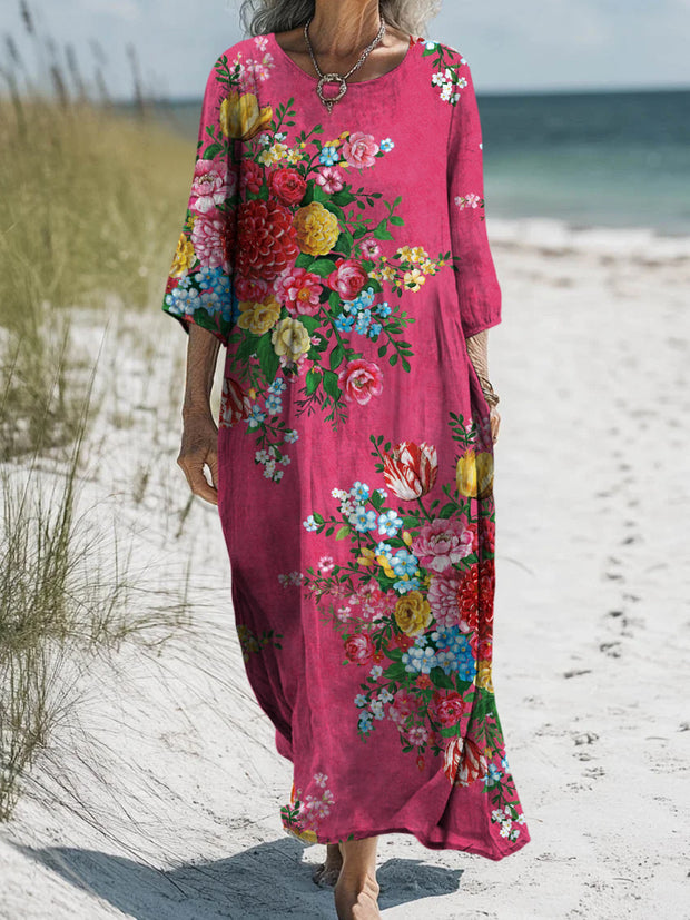 Retro Floral Art Printed Round Neck Vintage Loose Long Sleeves Midi Dress