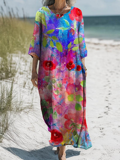 Retro Floral Art Printed Round Neck Vintage Loose Long Sleeves Midi Dress