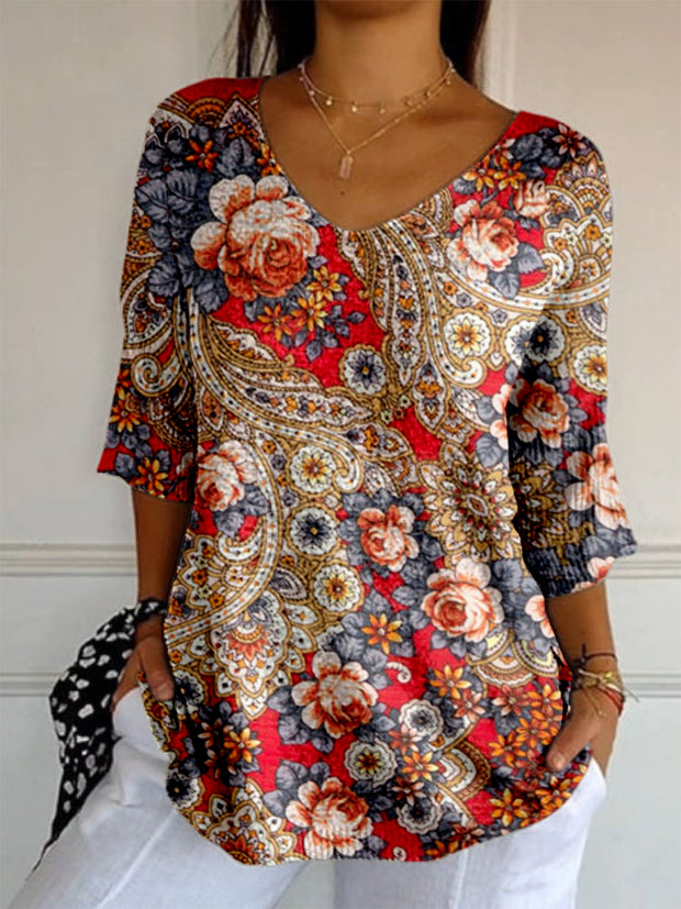 Retro Boho Floral Printed V-Neck Loose Casual Mid-Length Sleeves Top