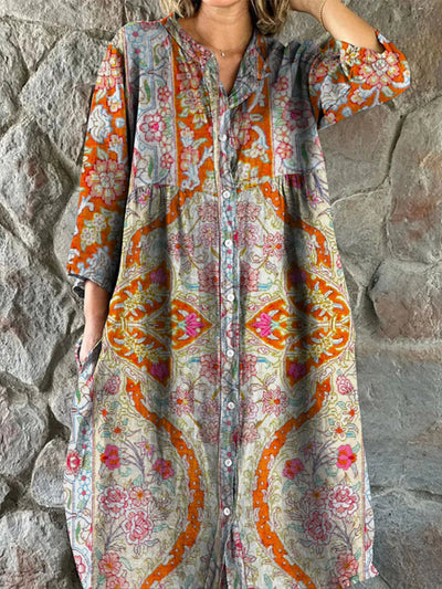 Retro Floral Art Print Vintage Chic V-Neck Button Up Long Sleeve Midi Dress