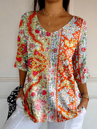 Retro Boho Floral Printed V-Neck Loose Casual Mid-Length Sleeves Top