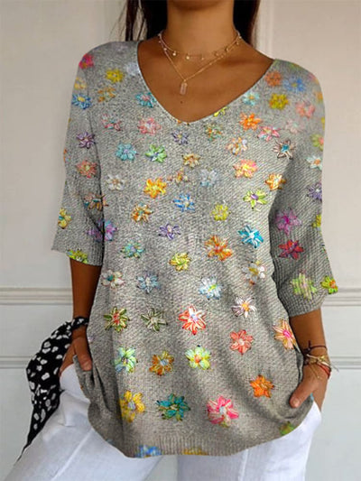 Retro Boho Floral Printed V-Neck Loose Casual Mid-Length Sleeves Top