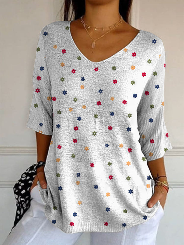 Retro Boho Floral Printed V-Neck Loose Casual Mid-Length Sleeves Top