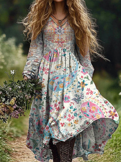 Retro Boho Floral Print Vintage Chic V-Neck Cotton Long Sleeve Midi Dress