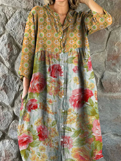 Retro Floral Art Print Vintage Chic V-Neck Button Up Long Sleeve Midi Dress