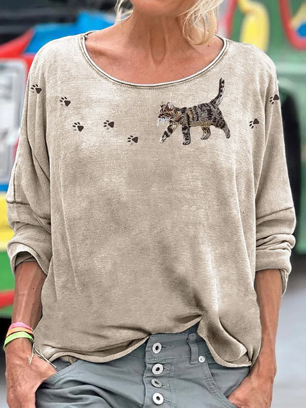 Retro Boho Cute Cat Art Printed Vintage Casual Cotton Round Neck Long Sleeve T-Shirt