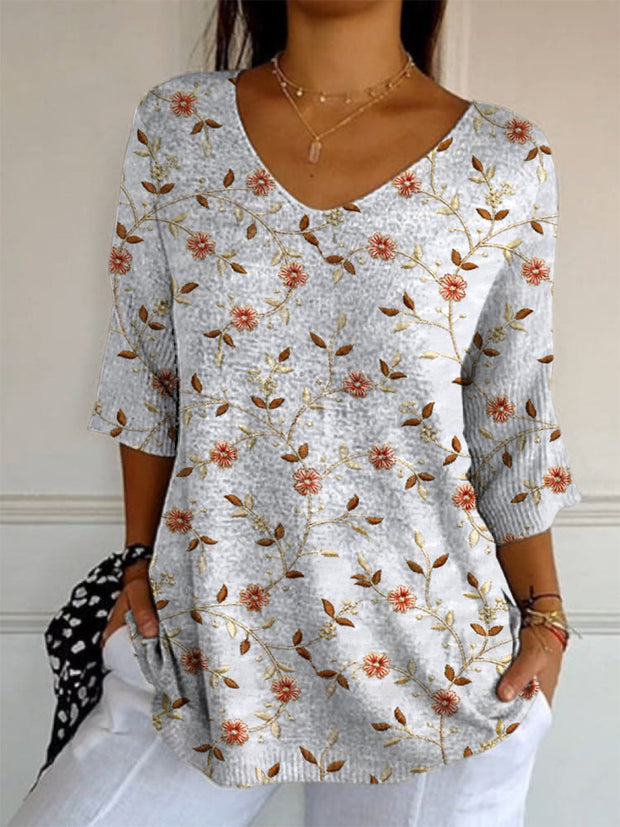 Retro Boho Floral Printed V-Neck Loose Casual Mid-Length Sleeves Top