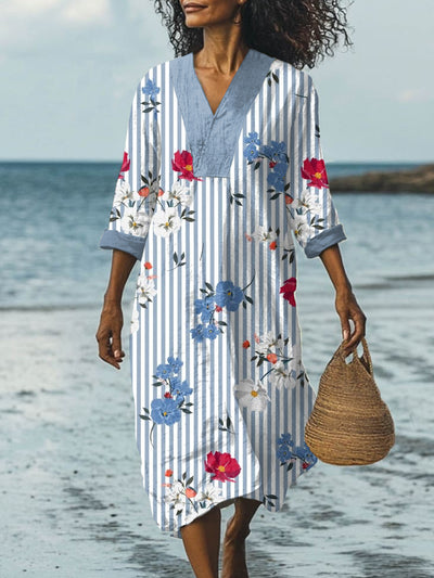 Retro Fashion Floral Print Casual Wide Brim V-Neck Long Dress