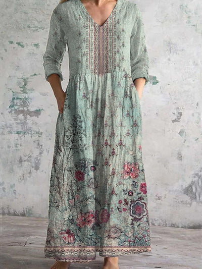 Women's Vintage Floral Print Chic V-Neck Bohemian Elegant Midi