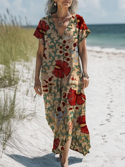 Retro Floral Art Printed V-Neck Vintage Loose Long Sleeves Midi Dress