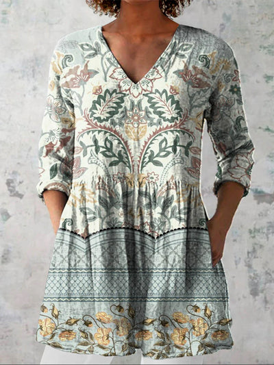 Elegant Boho Floral Print V-Neck Pattern Vintage Loose Long Sleeve Top