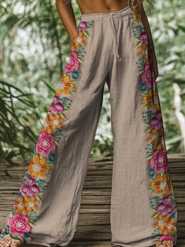 Retro Boho Floral Printed Casual Loose Cotton Straight Wide Pants