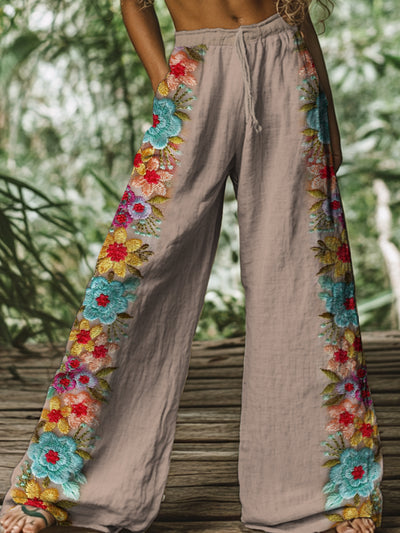 Retro Boho Floral Printed Casual Loose Cotton Straight Wide Pants