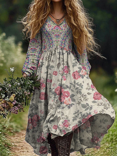 Retro Boho Floral Print Vintage Chic V-Neck Cotton Long Sleeve Midi Dress