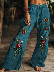 Retro Boho Floral Printed Casual Loose Cotton Straight Wide Pants