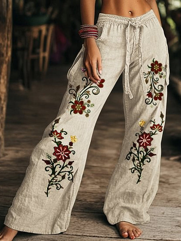 Retro Boho Floral Printed Casual Loose Cotton Straight Wide Pants