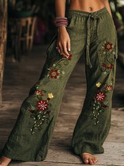 Retro Boho Floral Printed Casual Loose Cotton Straight Wide Pants