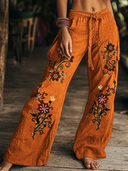 Retro Boho Floral Printed Casual Loose Cotton Straight Wide Pants