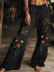 Retro Boho Floral Printed Casual Loose Cotton Straight Wide Pants