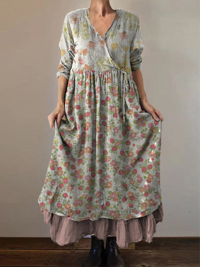 Retro Boho Floral Print Vintage V-Neck Double Hemline Cotton Long Sleeve Midi Dress