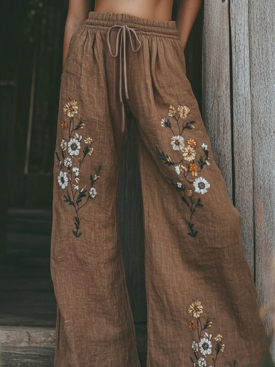 Retro Boho Floral Printed Casual Loose Cotton Straight Wide Pants