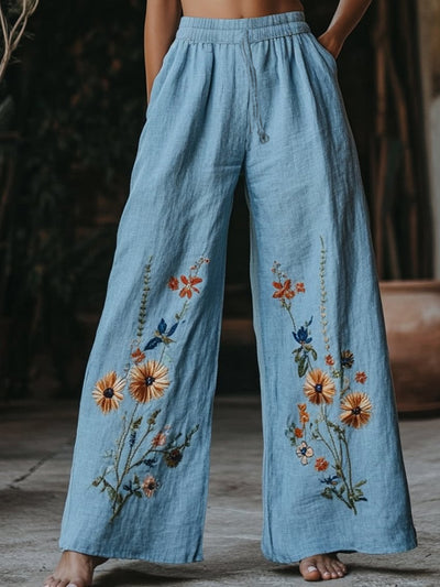 Retro Boho Floral Printed Casual Loose Cotton Straight Wide Pants