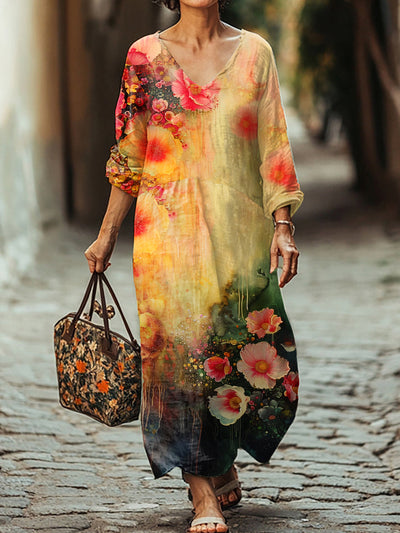 Gorgeous Floral Print Relaxed V-Neck Midi Dress