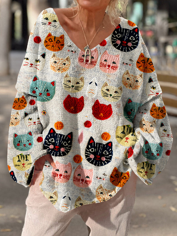 Women's Vintage Cat Art Print Chic V Neck Casual Sweater Pullover