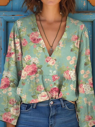 Women's Vintage Floral Art Print V-Neck Casual Cotton and Linen Shirt Top