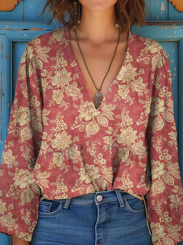 Women's Vintage Floral Art Print V-Neck Casual Cotton and Linen Shirt Top