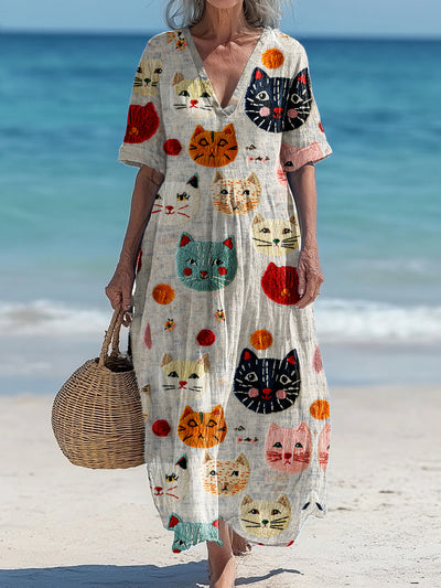 Vintage V-Neck Cat Art Print Elegant And Chic Loose Midi Dress