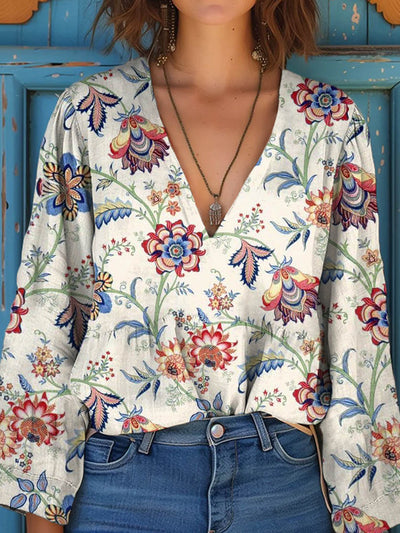 Women's Vintage Floral Art Print V-Neck Casual Cotton and Linen Shirt Top