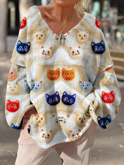 Women's Vintage  Cat Art Print Chic V Neck Casual Sweater Pullover