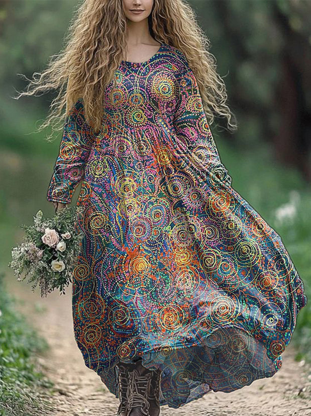 Colored Vintage Floral Art Printed Round Neck Loose Long Sleeves Midi Dress