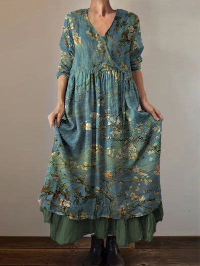 Retro Boho Floral Print Vintage V-Neck Double Hemline Cotton Long Sleeve Midi Dress