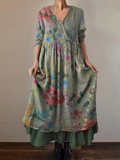 Retro Boho Floral Print Vintage V-Neck Double Hemline Cotton Long Sleeve Midi Dress