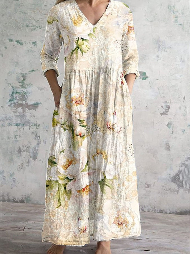 Retro Boho Floral Art Printed V-Neck Vintage Loose Long Sleeves Midi Dress